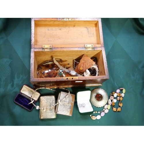 2468 - Wooden Box of Vintage & Antique Costume Jewellery, Cigarette Case etc.