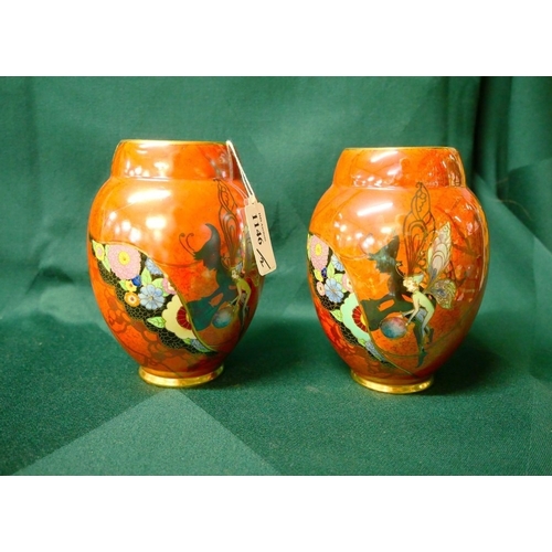 1146 - Pair of Vintage Ovoid Shaped Art Deco Carlton Ware Lustre Vases, Decorated with Fairies on Orange Gr... 
