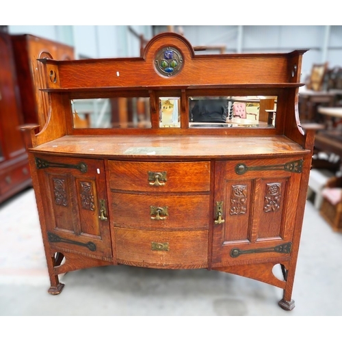 3063 - Glasgow School Arts & Crafts Bowfront Sideboard Mirrored Back with Brass Embossed Central Panel and ... 