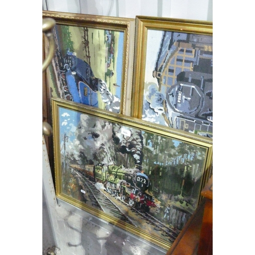 3026 - Three Framed Needlework's Of Trains