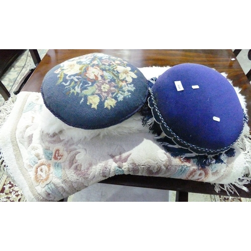 3049 - Vintage Footstool, Embroidery Cushion & Two Rugs