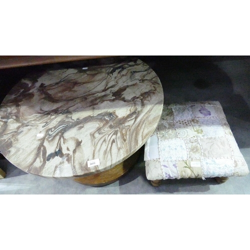 3051 - Circular Marble Coffee Table & Vintage Footstool. Approx Diameter Of Coffee Table 69cm