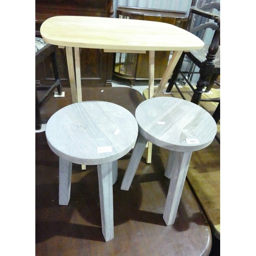 3053 - Pair Of Three Legged Pine Stools & Folding Table