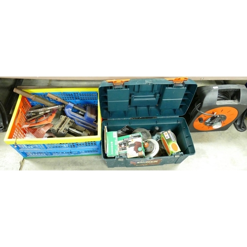 2 Boxes of Assorted Tools & Cable Reel