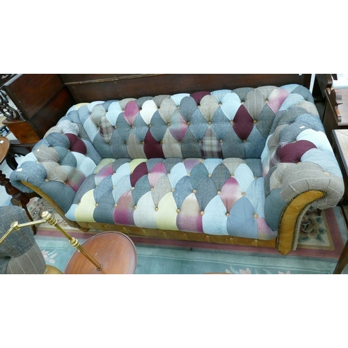 Chesterfield Style Button Back Patchwork Upholstered Three Seat Sofa from Vintage Sofa Company approx 198cm Long.