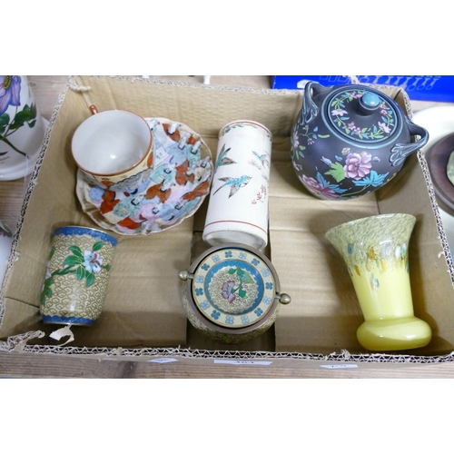 363 - Chinese Satsuma Vase decorated with Birds, Small Vasart Spill Vase, Cloisonne Ashtray, etc