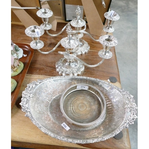 2 Silver Plated Candelabra, Plated Serving Dish & Plated Wine Bottle Coaster