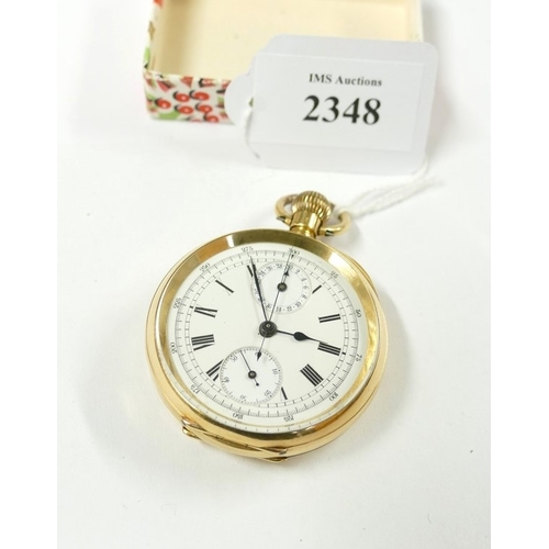 2348 - Fine Vintage 18K Gold Open Face Keyless Wind Chronograph Pocket Watch, approx 50mm in diameter, tota... 