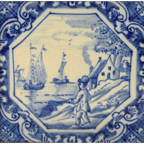 Six Framed Antique B & W Delft Tiles, approx 16 x 16cm.