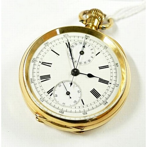 2348 - Fine Vintage 18K Gold Open Face Keyless Wind Chronograph Pocket Watch, approx 50mm in diameter, tota... 