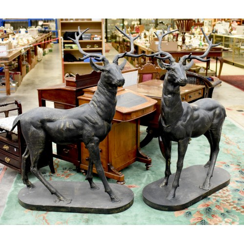 Pair of Cast Metal Stags 133cm in height to tallest point and 96cm in length.