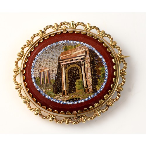 Fine 9ct Gold Mounted Antique Italian Micro Mosaic Double Side (rotating) Architectural  Ruin Brooch, approx 45mm across, 17g total weight.
