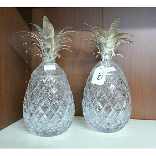 1102 - Pair of William Yeoward Glass Pineapple Ice Buckets with Silver Plated Foliage, approx 27cm tall.