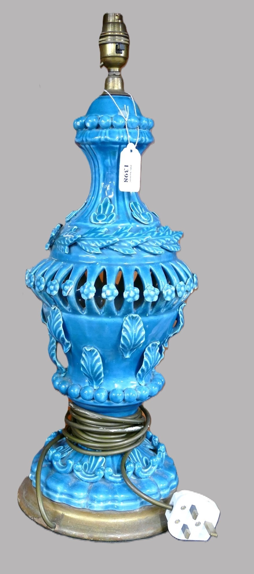 Early Vintage Continental Pottery Table Lamp Base, turquoise glaze ...