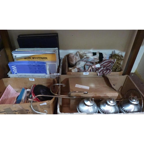 123 - Six boxes of sundries, records, dolls etc.