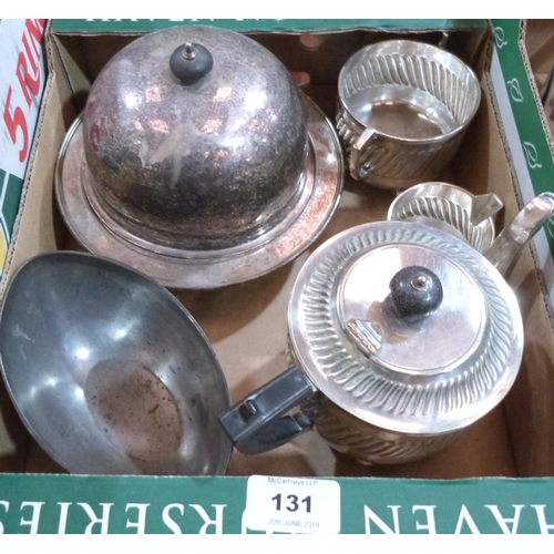 131 - A plated three piece tea service, a muffin dish, stand and cover and a Danish navette pewter bowl