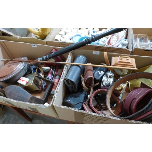 136 - Two boxes of metalware, cameras and sundries