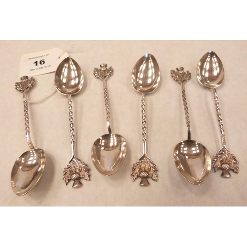 16 - A set of six Elizabeth II silver teaspoons with thistle terminals. Edinburgh 1966