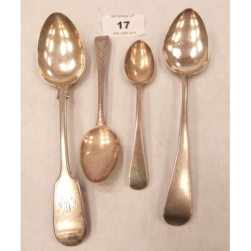 17 - Two silver dessert spoons and two silver teaspoons. 3ozs