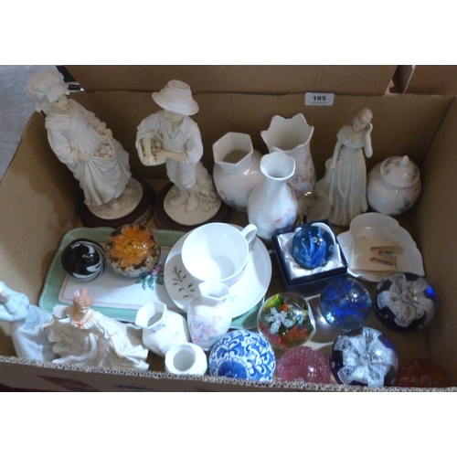 185 - A box of paperweights, Aynsley and other ceramics