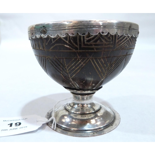 19 - A 19th century carved coconut shell and old Sheffield plate chalice. 3½' diam