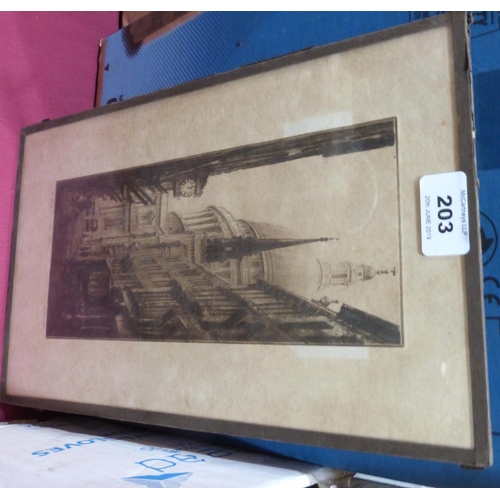 203 - A 1920s etching signed K. Vernon, St. Pauls' from Watling Street