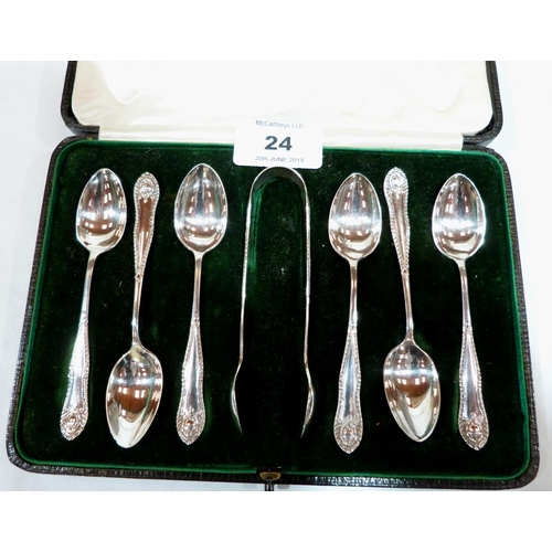 24 - A cased set of six George V silver teaspoons and sugar bow. Sheffield 1911. 2ozs 17 dwts