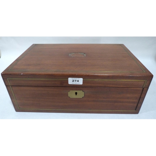 274 - A 19th century mahogany and brass line inlaid writing slope. 16' wide. The lid lacking brass cartouc... 