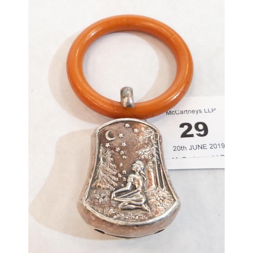 29 - A continental white metal and coral infant's bell teether