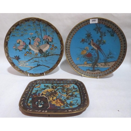 292 - Two Japanese cloisonne enamel chargers, 12' diam and a rectilinear example 10' wide