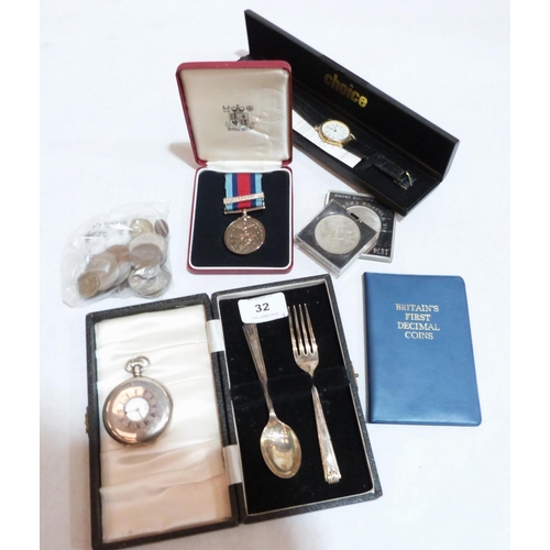 32 - A silver half-hunting keyless watch, a cased silver christening spoon and fork, 1944 Normandy medal ... 