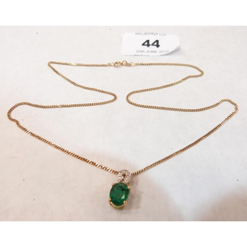 44 - A 9ct cushion cut emerald and diamond pendant on 9ct chain