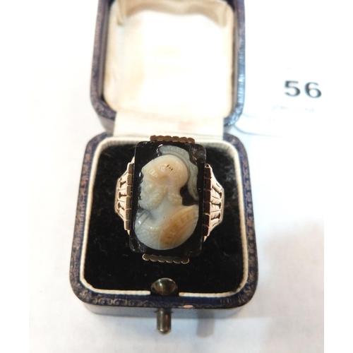 56 - An antique gentleman's hardstone cameo ring, engraved with initials CCH verso. In gold marked 14k. S... 