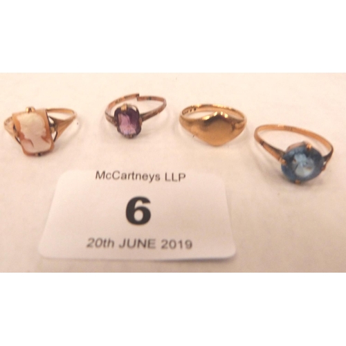 6 - A 9ct signet ring and three 9ct gem set rings. 10g gross