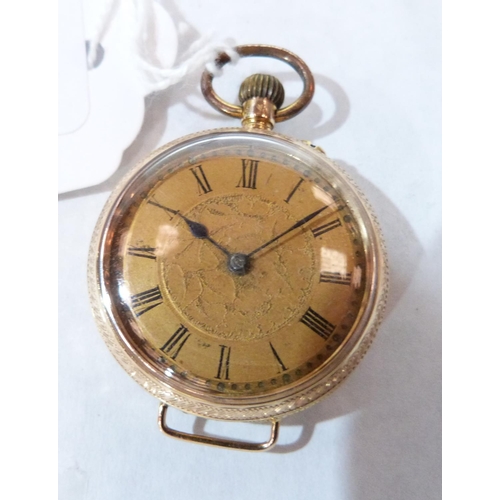 71 - A foliate engraved keyless fob watch. In gold but mark rubbed. Movement runs