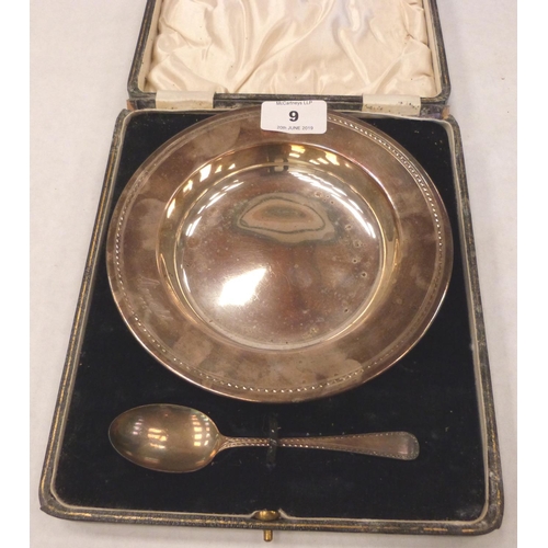 9 - A George V cased silver christening bowl and spoon. London 1924. 6ozs 6dwts