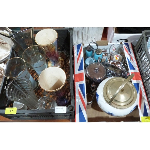 67 - Four boxes of miscellaneous commemorative ware, teaware, ceramics, glass and metalware