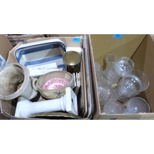 91 - Five boxes of ceramics and glassware