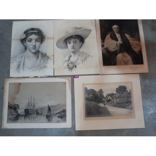 273 - Three pencil drawings and two prints