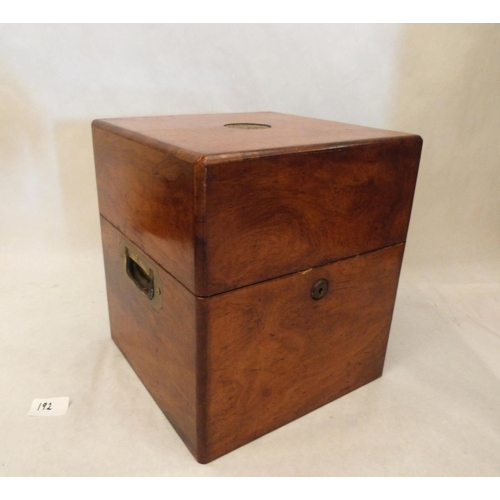 192 - A Victorian walnut four division travelling box for decanters. Bramah lock (A.F.). 10¾' high