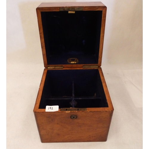 192 - A Victorian walnut four division travelling box for decanters. Bramah lock (A.F.). 10¾' high