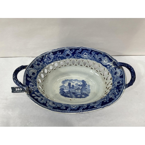 263 - A 19th century reticulated two handled ovoid deep bowl, decorated in blue and white with bands of fo... 