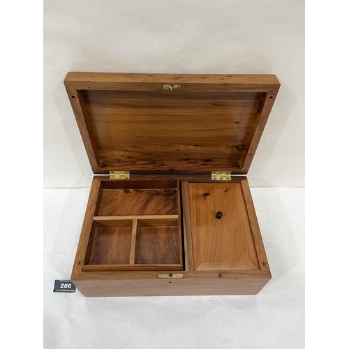 266 - A yew wood jewellery or work box, the lid diaper inlaid in burr yew and mother-of-pearl. 12' wide. 2... 