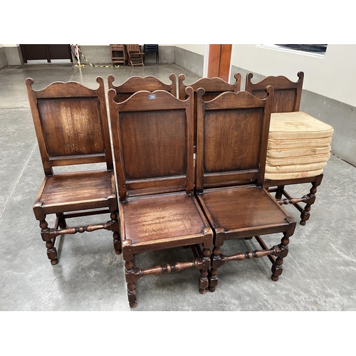 420 - A set of six 17th century style joined oak backstool chairs, the lot to include seat cushions