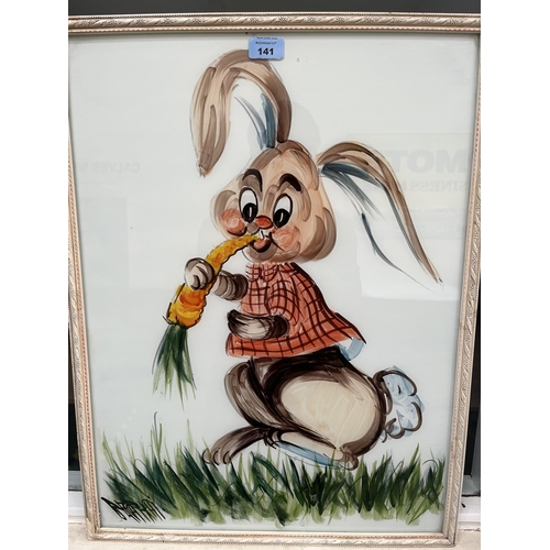 141 - A reverse painting on glass of a rabbit 24' x 18' and a watercolour by D. Trevor-Bramson (Bn. 1900) ... 