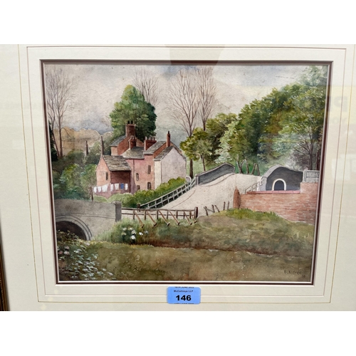 146 - E.ALDRED. BRITISH 20TH CENTURY  Canal Crossing near Broseley. Signed and dated '50. Watercolour 9½' ... 