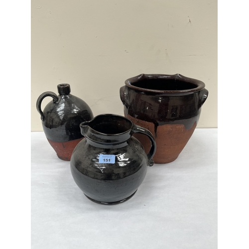 151 - A Black Country jar and bottle, together with a Cornish jug. The jar 11' high