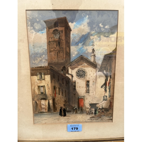 179 - ATTRIB: SAMUEL PROUT. BRITISH 1783-1852 A continental church with figures. Watercolour 10¾' x 8'