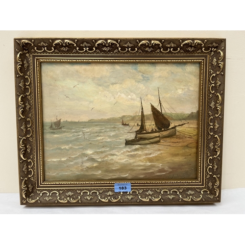 183 - WALTERS. BRITISH 20TH CENTURY Beach scene with fishing snacks. Signed. Oil on board. 11' x 14½'