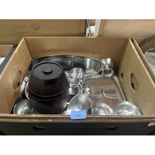 19 - A box of stainless steel cookware and a box of glassware